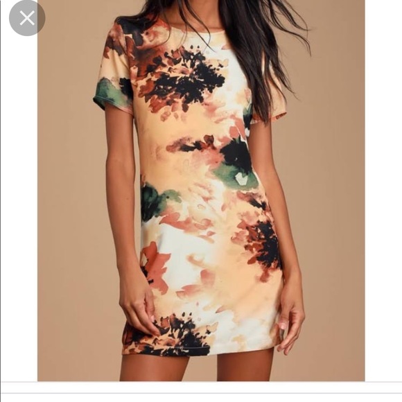 Lulu’s Camaraderie Orange Watercolor Floral Print Shift Dress - Picture 1 of 6